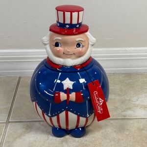 Johanna Parker Carnival Cottage Uncle Sam Cookie Jar Red White Blue Patriotic